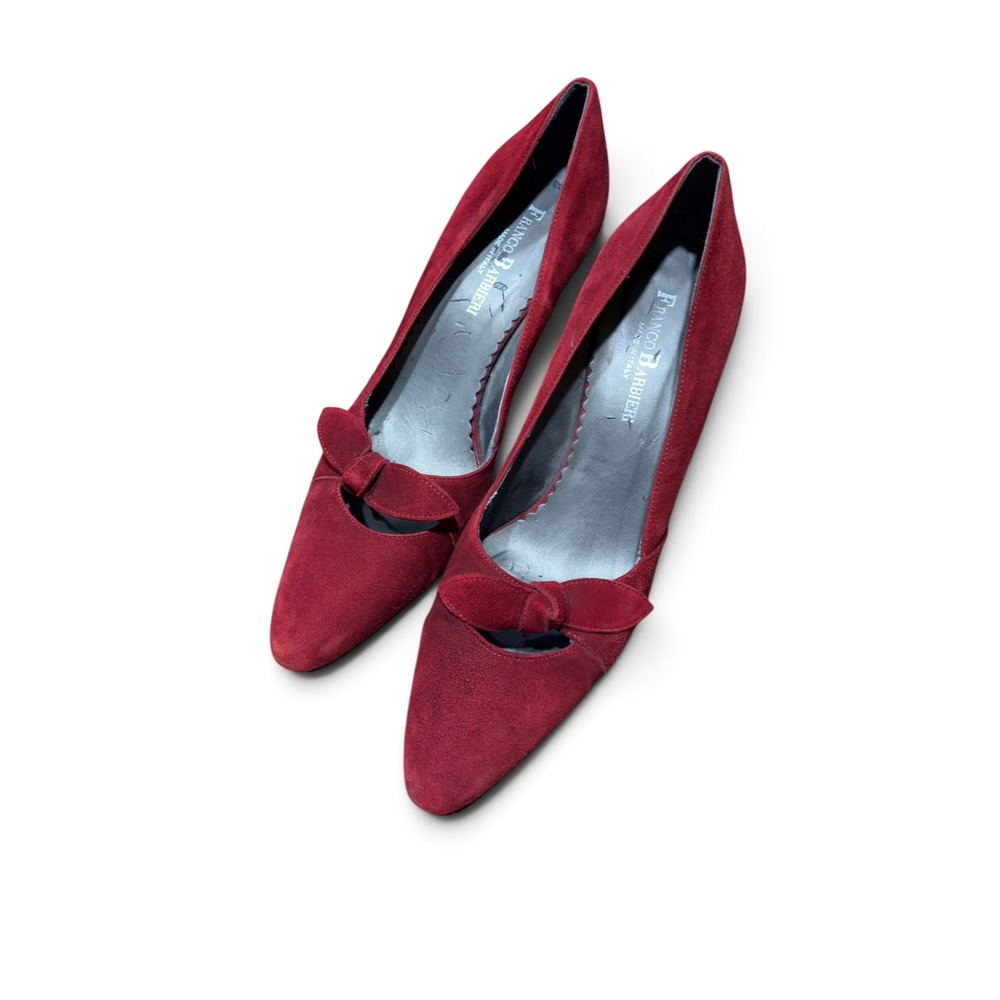 90s Franco Barbieri Pump Women 38 Red Suede Bow Accent Made in Italy